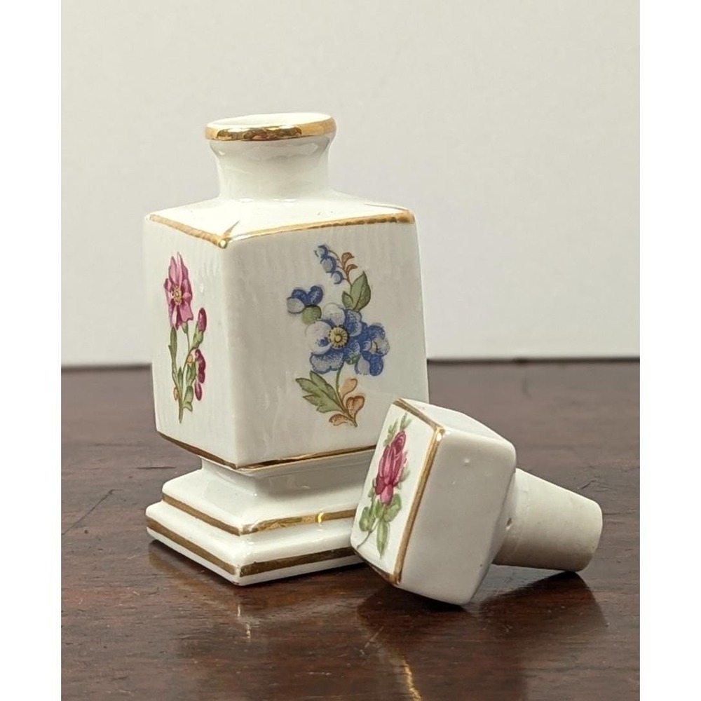 Vintage Irice Japan Porcelain Perfume Bottle Floral Gold Trim Stopper 3.5in
